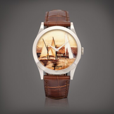 View full screen - View 1 of Lot 2282. Reference 5089 | A white gold wristwatch with wood marquetry dial, Made to commemorate the 175th anniversary of Patek Philippe, Circa 2016 | 百達翡麗 | 型號5089 | 白金腕錶,備細木雕嵌錶盤,為紀念百達翡麗175週年而製, 約2016年製 .