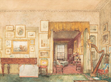 View full screen - View 1 of Lot 186. English School, First Half 19th Century | A Music room looking towards a Drawing room.