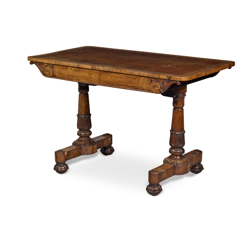 View full screen - View 1 of Lot 220. A Regency Gilt-Tooled Brown Leather Lined Rosewood Library Table, Circa 1815-20.