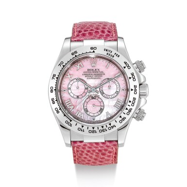 View full screen - View 1 of Lot 2233. ROLEX | COSMOGRAPH DAYTONA 'BEACH', REFERENCE 116519 A WHITE GOLD CHRONOGRAPH WRISTWATCH WITH MOTHER-OF-PEARL DIAL, CIRCA 2000 " | 勞力士 | Cosmograph Daytona ""Beach"" 型號116519 白金計時腕錶,備珠母貝錶盤,錶殼編號P578136,約2000年製".