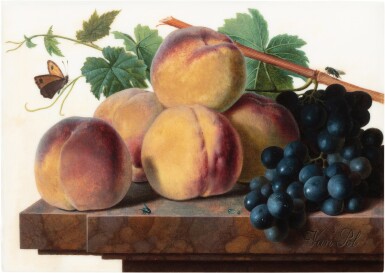 View full screen - View 1 of Lot 41. Still life of peaches and black grapes with a butterfly and other insects, all upon a marble ledge.