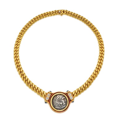 View full screen - View 1 of Lot 128. Gold, Ancient Coin, Diamond and Sapphire 'Monete' Necklace.
