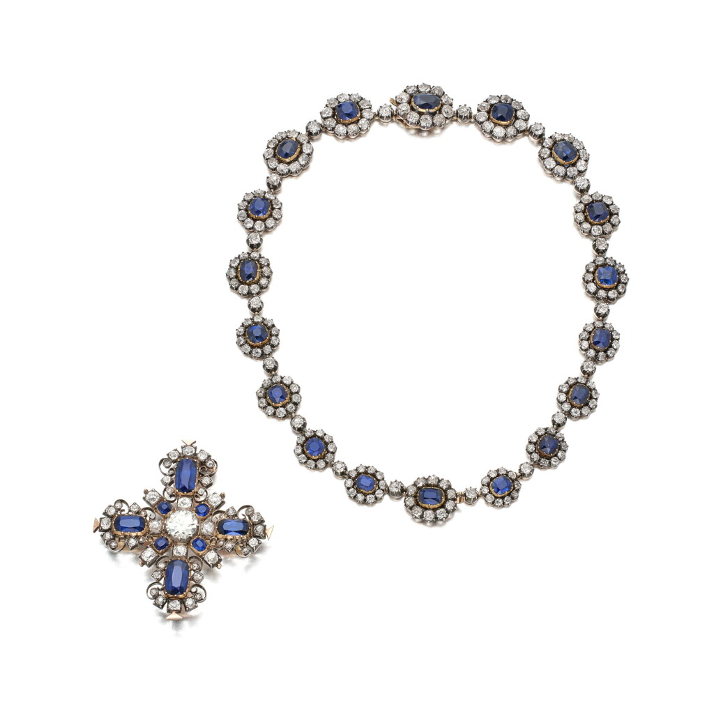 View full screen - View 1 of Lot 132. Silver-Topped Gold, Sapphire and Diamond Necklace-Bracelet Combination and Pendant-Brooch.