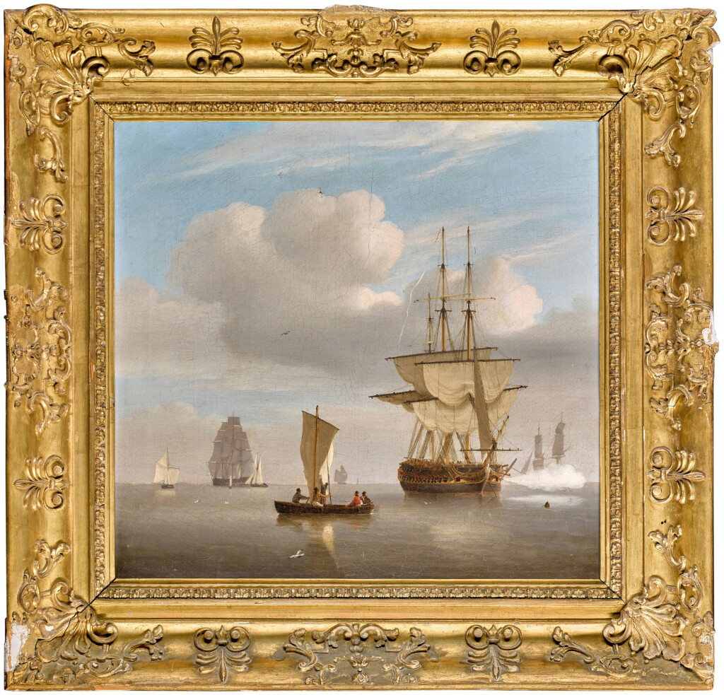 View full screen - View 1 of Lot 27. Shipping in a calm with a man-o-war firing a salute.