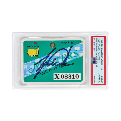 View full screen - View 1 of Lot 16. 1997 Tiger Woods Signed The Masters Badge PSA/DNA Authentic | Masters Win #1 | Major Win #1 | 1997-2000 Era Signature.