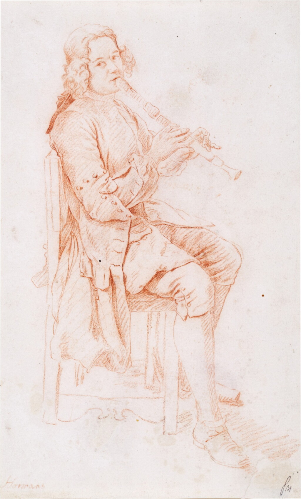 View full screen - View 1 of Lot 167. Recto: Study of a man, seated, playing the recorder Verso: Study of a young woman, seated, in profile and a study of a man playing the horn.