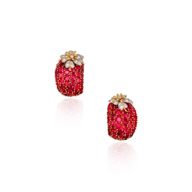 View full screen - View 1 of Lot 128. A Pair of Ruby and Diamond Earclips.
