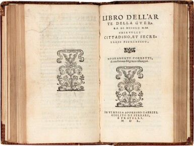 View full screen - View 1 of Lot 259. Machiavelli | Discorsi and Arte della guerra, Venice, 1550, later English red morocco.