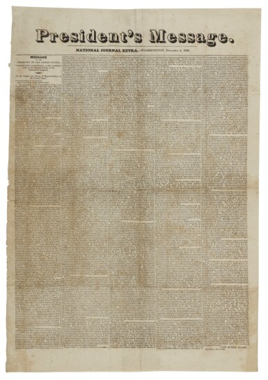 View full screen - View 1 of Lot 2. ADAMS, JOHN QUINCY | President's Message, in National Journal Extra. Washington, December 5, 1826.