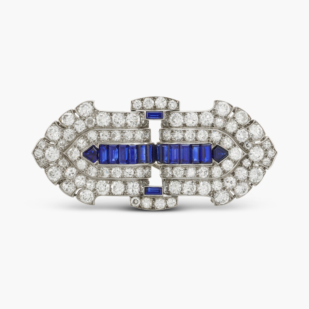View full screen - View 1 of Lot 46. Sapphire and Diamond Double Clip Brooch.