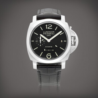 View full screen - View 1 of Lot 8859. Luminor 8 Days GMT, Reference PAM00233 | A stainless steel dual time zone wristwatch with date, power reserve, 24 hours indication and seconds reset mechanism, Circa 2017 | 沛納海 | Luminor 8 Days GMT 型號PAM00233 | 精鋼兩地時間腕錶,備日期、動力儲備、24小時顯示及歸零裝置,約2017年製.