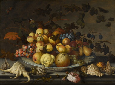 View full screen - View 1 of Lot 16. Still life of peaches, apples, grapes, quinces and pears on a Wanli kraak porcelain dish upon a stone ledge, with various kinds of seashells, a lizard and a rose, butterflies, a wasp and a dragonfly above.