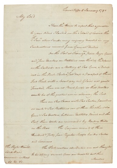 View full screen - View 1 of Lot 118. Thomas Nepean | Autograph letter signed, to Lord Hood, on the defence of Corsica, 1794.