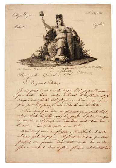 View full screen - View 1 of Lot 85. NAPOLEON I | letter signed, ordering General Desaix to sail to Malta, prior to the Egyptian Expedition, 1798.