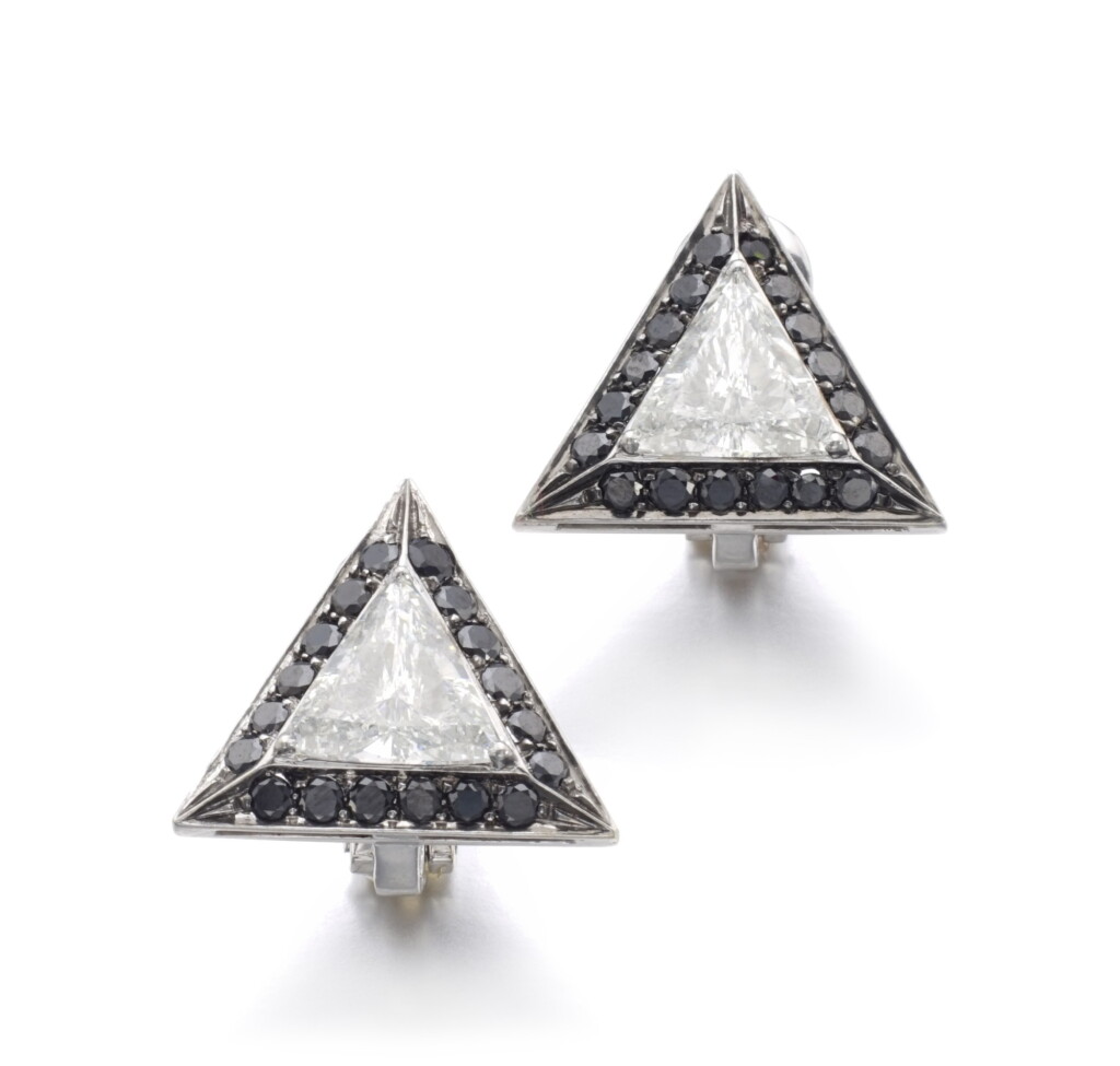 View full screen - View 1 of Lot 42. PAIR OF DIAMOND EARRINGS.