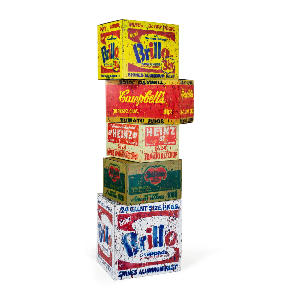 View full screen - View 1 of Lot 90. i. Brillo Soap Pads Box II-P/ ii. Del Monte Box (Peach halves) II-P/ iii. Heinze Tomato Ketchup Box II-P/ iv. Campbell's Tomato Juice Box II-P/ v. Brillo Box (3 cents off) II-P (Inspired by Andy Warhol) (Set of Five) | I. BRILLO 肥皂盒II-P/ II. DEL MONTE 盒(水蜜桃)II-P/ III. HEIZE 蕃茄醬盒 II-P/ IV. 金寶蕃茄汁盒 II-P/ V. BRILLO 肥皂盒(減3美分) II-P (靈感自安迪·沃荷)(一組五件).