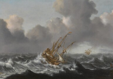 View full screen - View 1 of Lot 343. Dutch warships in a rough sea.