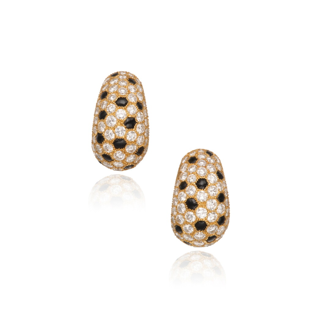 View full screen - View 1 of Lot 212. Pair of Diamond and Onyx 'Panthère' Earclips, France.
