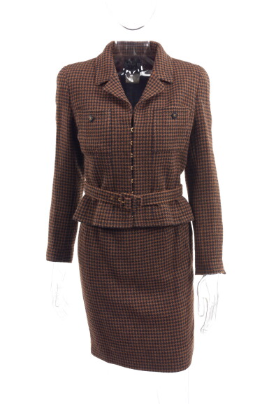 View full screen - View 1 of Lot 67. BLACK AND BROWN CHECKERED WOOL SKIRT SUIT, CHANEL.
