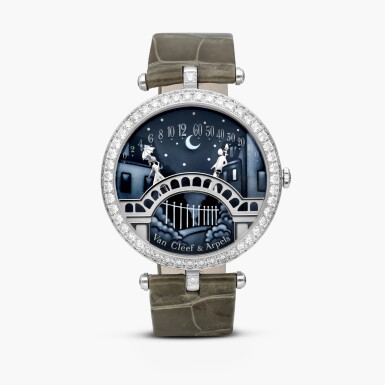 View full screen - View 1 of Lot 2520. Lady Arpels Pont des Amoureux | A white gold and diamond-set wristwatch with double retrograde animation hours, minute hands and enamel dial, Circa 2015.