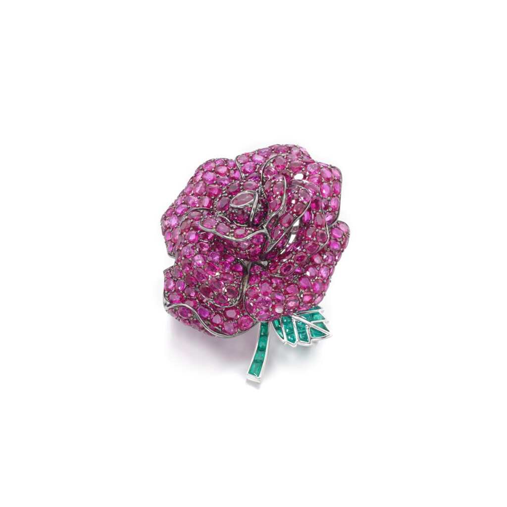 View full screen - View 1 of Lot 50. Ruby and emerald brooch.