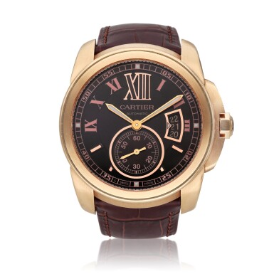 View full screen - View 1 of Lot 298. Reference 3300 Calibre De Cartier | A pink gold automatic wristwatch with date, Circa 2015.