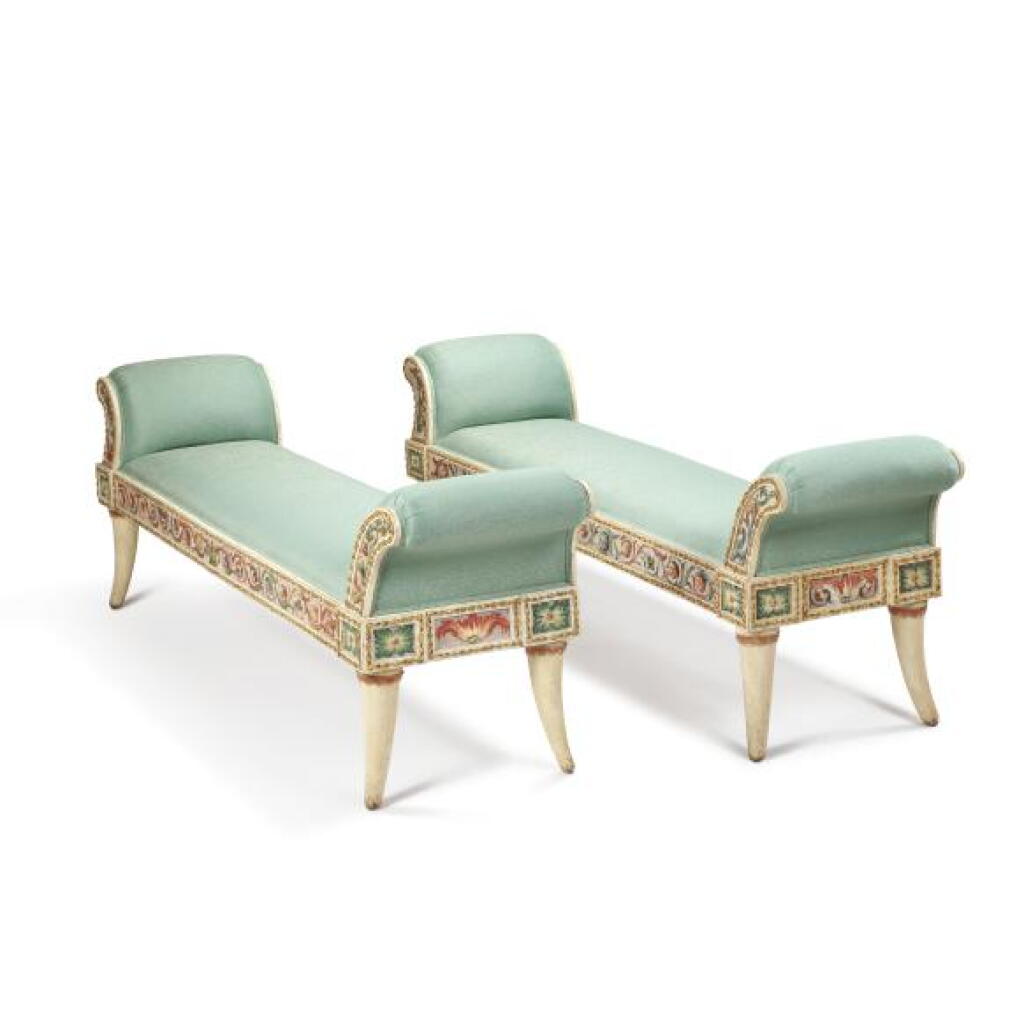 View full screen - View 1 of Lot 176. A pair of Italian painted and parcel-gilt benches, Lombardy, late 18th century, after a model by Michelangelo Pergolesi (1760-1801).