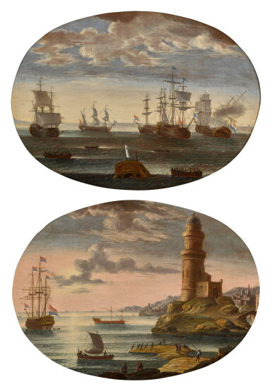 View full screen - View 1 of Lot 117. A pair of Mediterranean seascapes: a capriccio of a coastal view; and a naval battle.