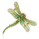 Tsavorite garnet, ruby and enamel brooch