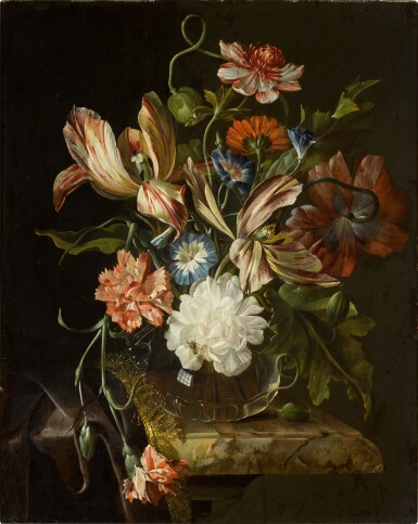 View full screen - View 1 of Lot 439. Still life of flowers, with peonies, carnations, variegated tulips and other assorted flowers arranged in a glass vase on a velvet draped stone ledge.