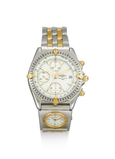 View full screen - View 1 of Lot 8217. BREITLING | A STAINLESS STEEL AND YELLOW GOLD DUAL TIME ZONE CHRONOGRAPH WRISTWATCH WITH DATE AND BRACELET, CIRCA 2005.
