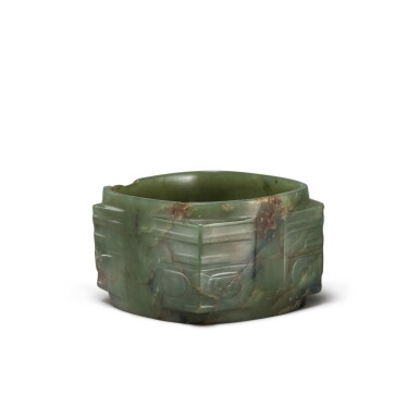 View full screen - View 1 of Lot 33. A green jade cong, Neolithic period, Liangzhu culture | 新石器時代 良渚文化 玉琮.