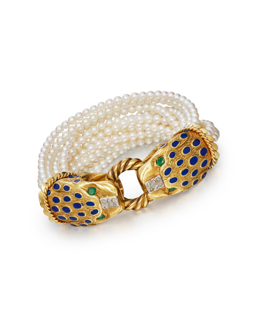 View full screen - View 1 of Lot 1861. Cultured Pearl, Emerald, Enamel and Diamond Bracelet | 養殖珍珠,祖母綠 及 琺琅 配 鑽石 手鏈.