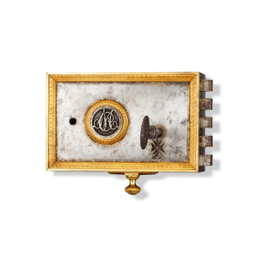 View full screen - View 1 of Lot 609. A cast and patinated iron locket and key with the cypher of Marie-Caroline de Bourbon-Sicile, duchesse de Berry (1798-1870), 19th century | Serrure et clé en fer forgé et doré au chiffre de Marie-Caroline de Bourbon-Sicile, duchesse de Berry (1798-1870), XIXe siècle.