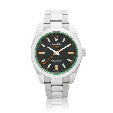 View full screen - View 1 of Lot 8080. Milgauss, Reference 116400GV | A stainless steel anti-magnetic wristwatch with green sapphire crystal and bracelet, Circa 2011 | 勞力士 | Milgauss 型號116400GV | 精鋼防磁鏈帶腕錶,備綠水晶鏡面,約2011年製.
