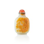 A White and Russet Jade 'Buddhist Lions and Brocade Ball' Snuff Bottle Qing Dynasty, 18th Century | 清十八世紀 白玉巧雕佛獅戲球鼻煙壺