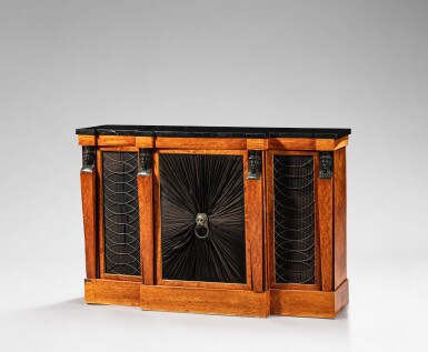 View full screen - View 1 of Lot 687. A George IV patinated bronze and gilt-brass satinwood side cabinet, circa 1825.