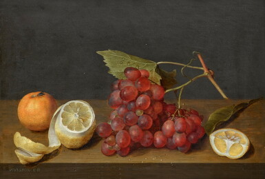 View full screen - View 1 of Lot 26. Still life with a bunch of grapes and a peeled lemon on a ledge.