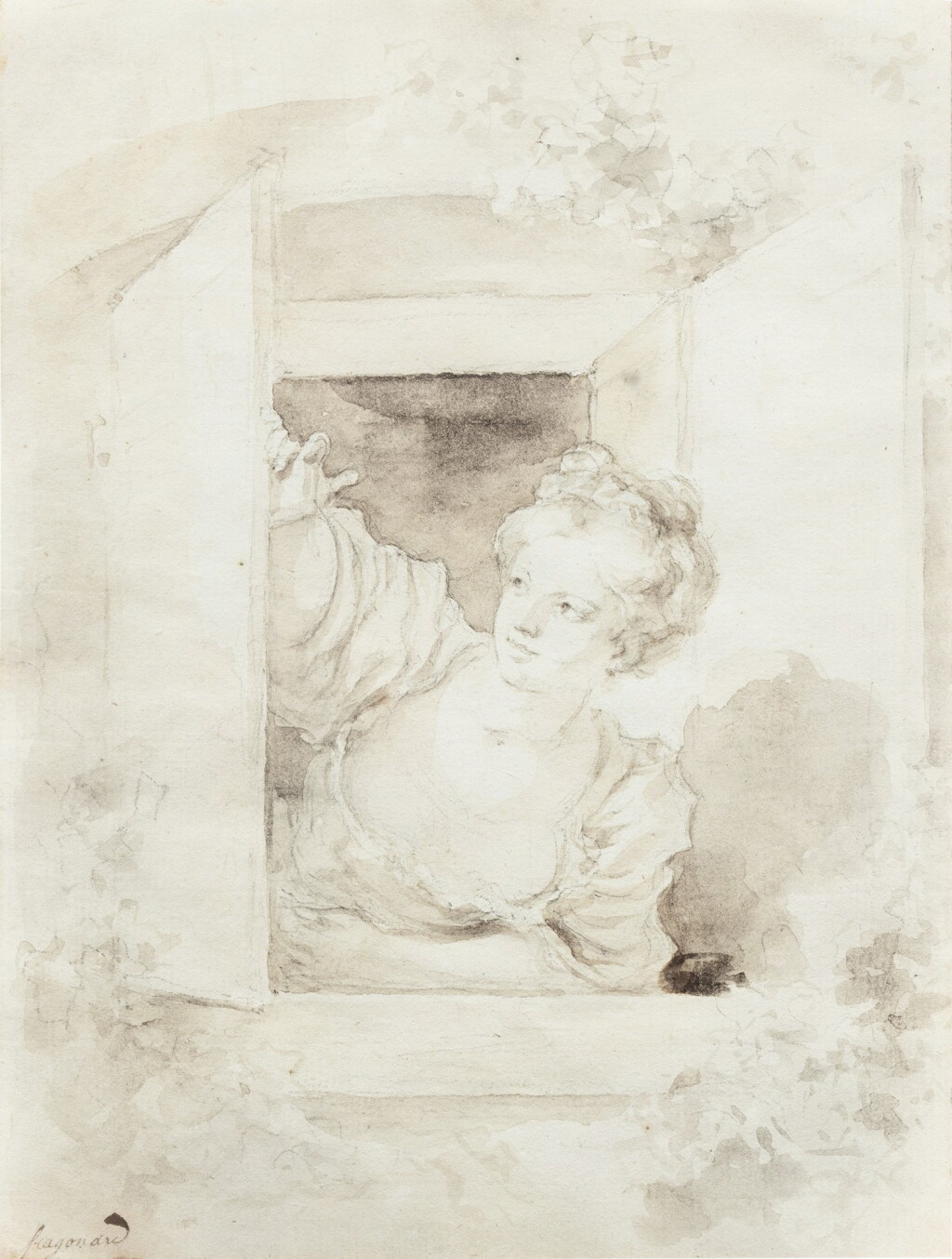 View full screen - View 1 of Lot 48. A young woman leaning out of a window .