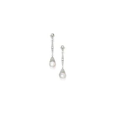 View full screen - View 1 of Lot 451. PAIR OF NATURAL PEARL AND DIAMOND PENDANT-EARRINGS | 天然珍珠配鑽石吊耳環一對.