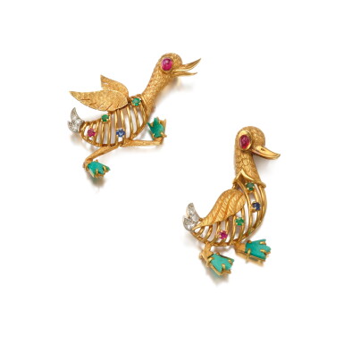View full screen - View 1 of Lot 312. Two Gold, Gem-Set and Diamond Clips, France.