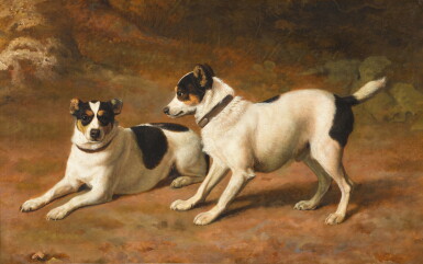 View full screen - View 1 of Lot 685. Two fox terriers in a landscape.