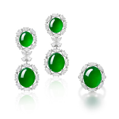 View full screen - View 1 of Lot 1767. Jadeite and Diamond Ring and Pair of Earrings | 天然翡翠 配 鑽石 戒指 及 耳墜一對.