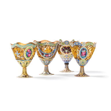 View full screen - View 1 of Lot 137. A group of four gold and enamel zarfs, Geneva for the Ottoman market.