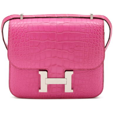 View full screen - View 1 of Lot 6. Rose Shocking Matte Alligator Mini Constance 18 Palladium Hardware, 2020.