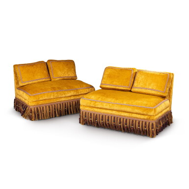 View full screen - View 1 of Lot 1009. A pair of yellow mustard velvet sofas, 19th century | Paire de canapés en velours moutarde, XIX siècle.
