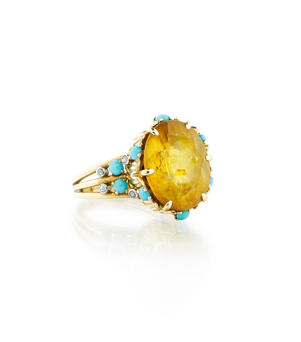 Voir en plein écran - Voir 1 du lot 97. Bague citrine, turquoise, diamants | Citrine, turquoise and diamond ring.