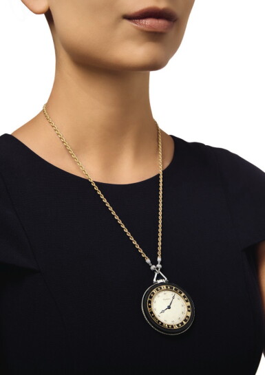View full screen - View 1 of Lot 43. CARTIER | ONYX, DIAMOND AND ENAMEL PENDANT-WATCH.
