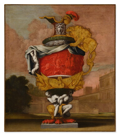 View full screen - View 1 of Lot 16. ITALIAN SCHOOL, 18TH CENTURY | A STILL LIFE WITH AN EWER AND A LANDSCAPE BEYOND.