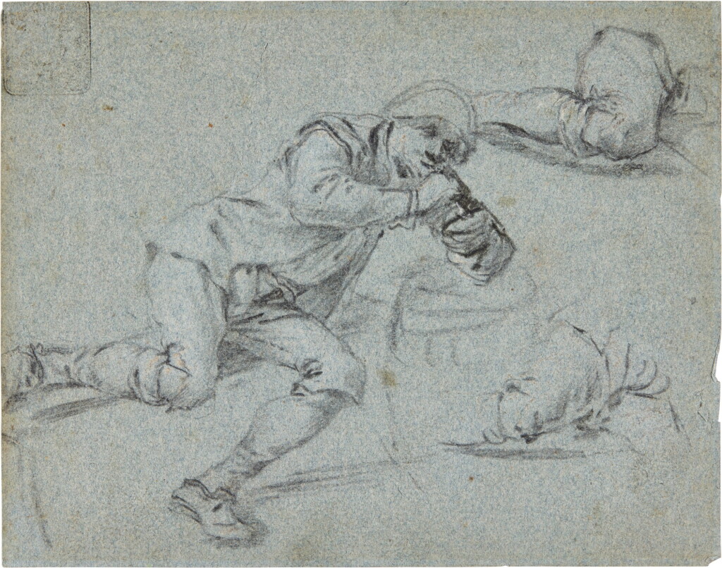 View full screen - View 1 of Lot 113. Studies of a Man seated on a bench, leaning on a barrel.